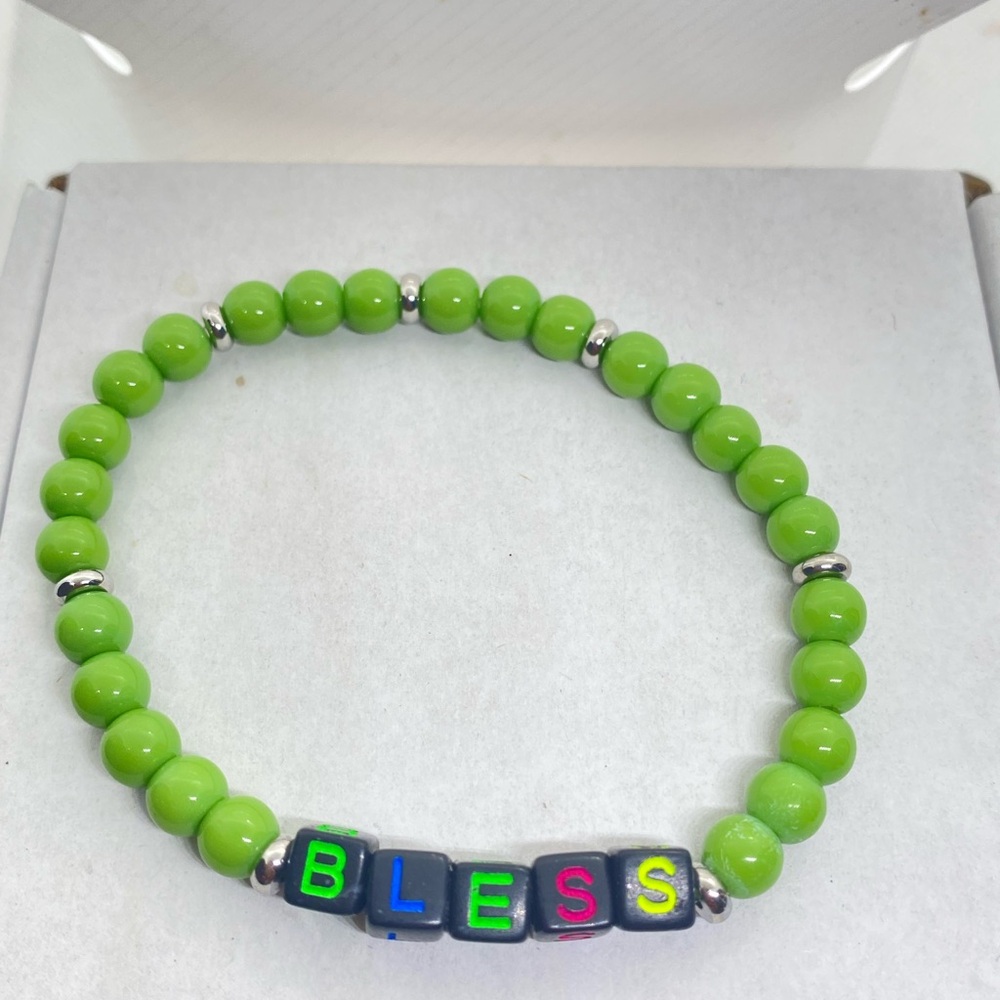 Green Beaded Bracelet with 'Bless' Charm